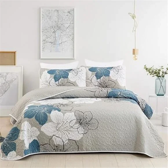 3 Pieces Quilt Set California King Blue Floral Pattern Quilt Coverlet - Picture 8 of 8